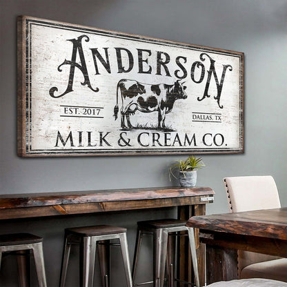 Personalized Milk & Cream Co canvas sign by Tailored Canvases featuring cow illustration on Tampa Home & Garden Store