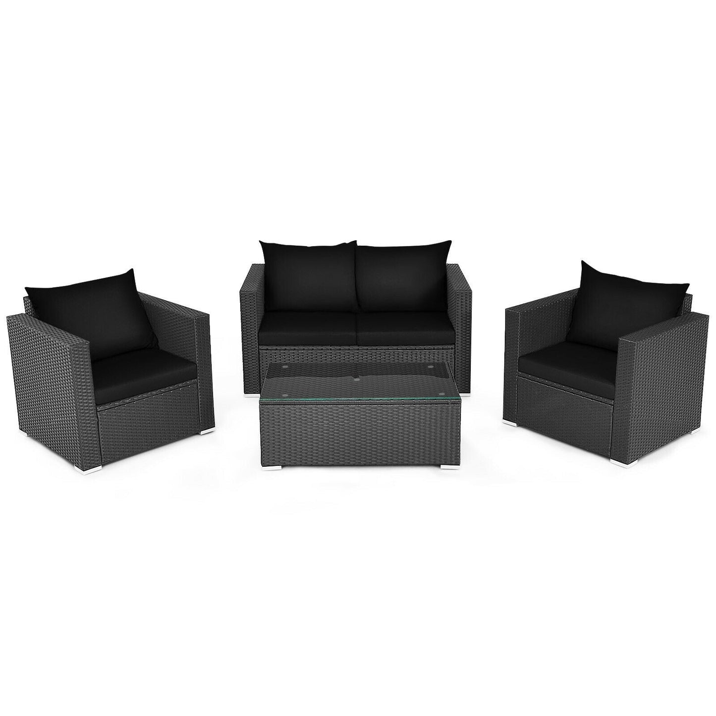 Juego de conversación de ratán para patio de 4 piezas con cojín acolchado y mesa de centro de vidrio templado - Blanco