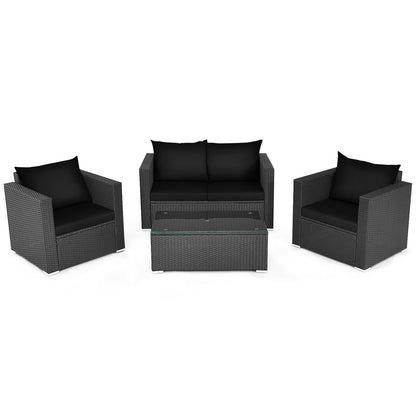 Juego de conversación de ratán para patio de 4 piezas con cojín acolchado y mesa de centro de vidrio templado - Blanco