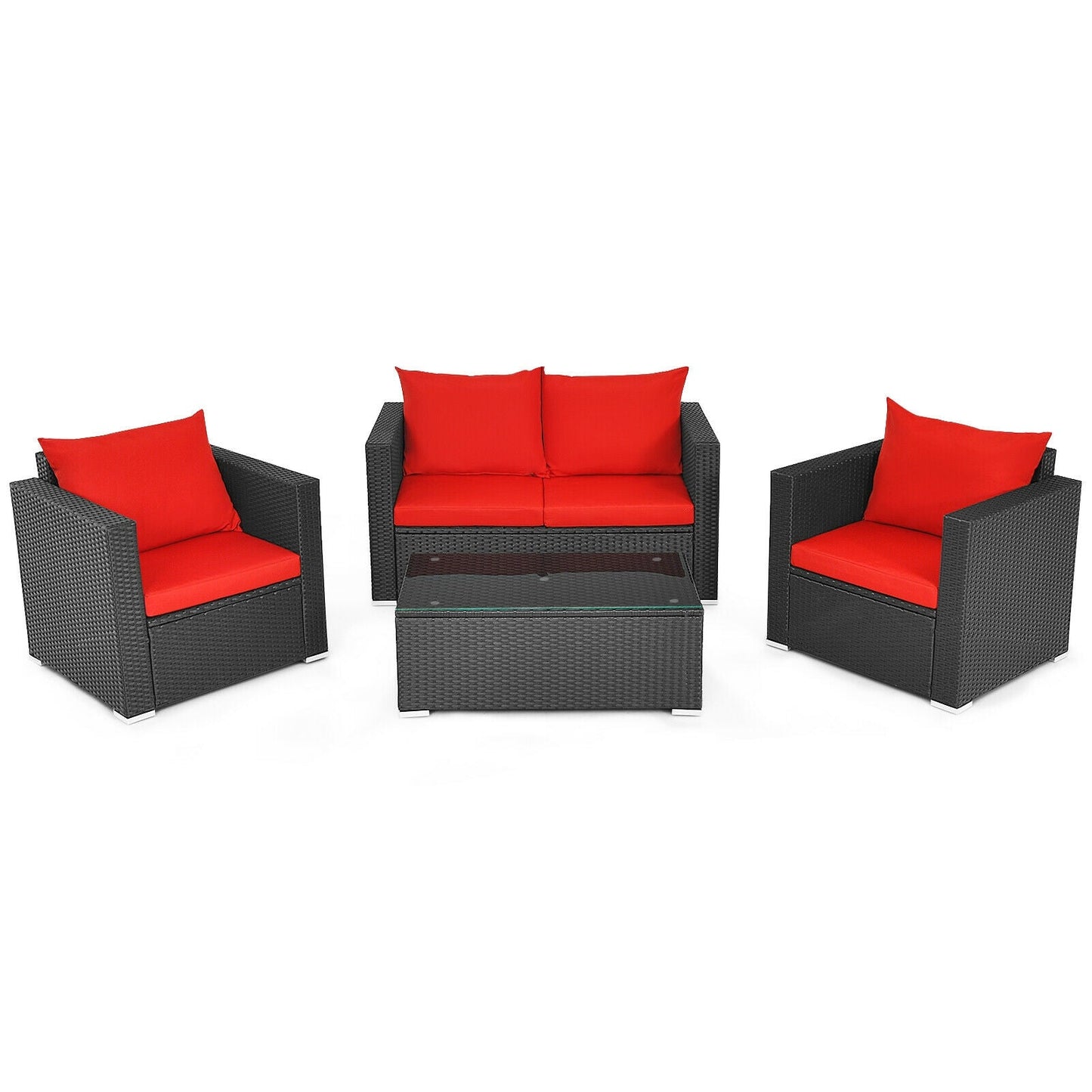 Juego de conversación de ratán para patio de 4 piezas con cojín acolchado y mesa de centro de vidrio templado - Blanco
