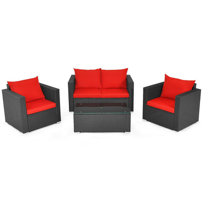 Juego de conversación de ratán para patio de 4 piezas con cojín acolchado y mesa de centro de vidrio templado - Blanco