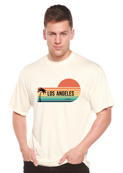 Los Angeles Spun Bamboo short sleeve graphic tee in cream with retro sunset stripes and palm on Tampa Home & Garden Store