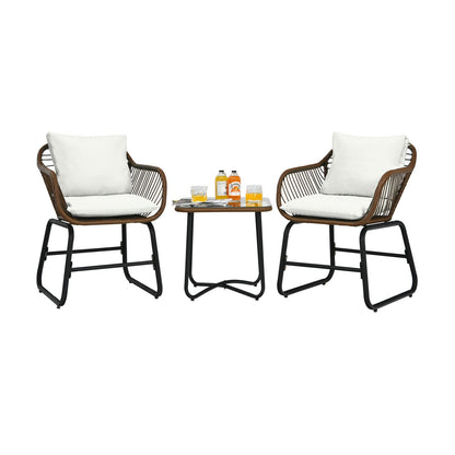 Juego de bistró de ratán para patio de 3 piezas, silla acolchada, mesa de cristal, para terraza, blanco