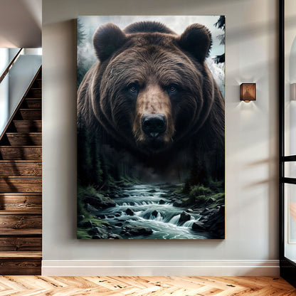 Grizzly Bear double exposure canvas wall art by Tailored Canvases, close-up bear face with forest river scene on Tampa Home & Garden Store