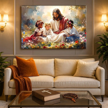 Jesus With Children Faith Wall Art VI canvas by Tailored Canvases, floral meadow scene on Tampa Home & Garden Store