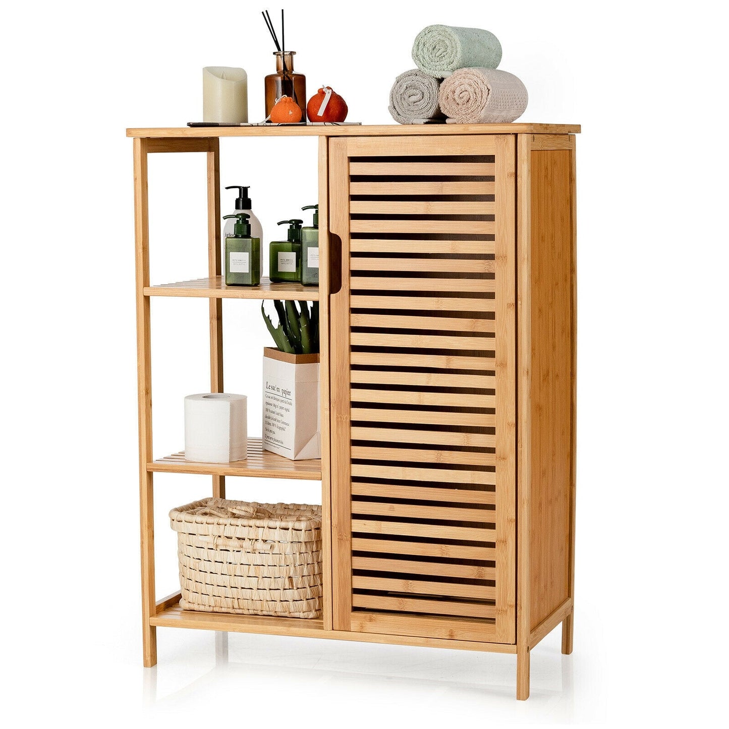 Armario de Almacenamiento de Baño de Bambú con Puerta Individual-Natural
