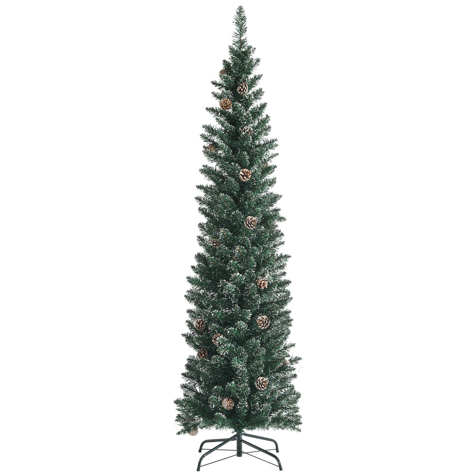 Snowy artificial pencil Christmas tree with pine cones on metal stand on Tampa Home & Garden Store