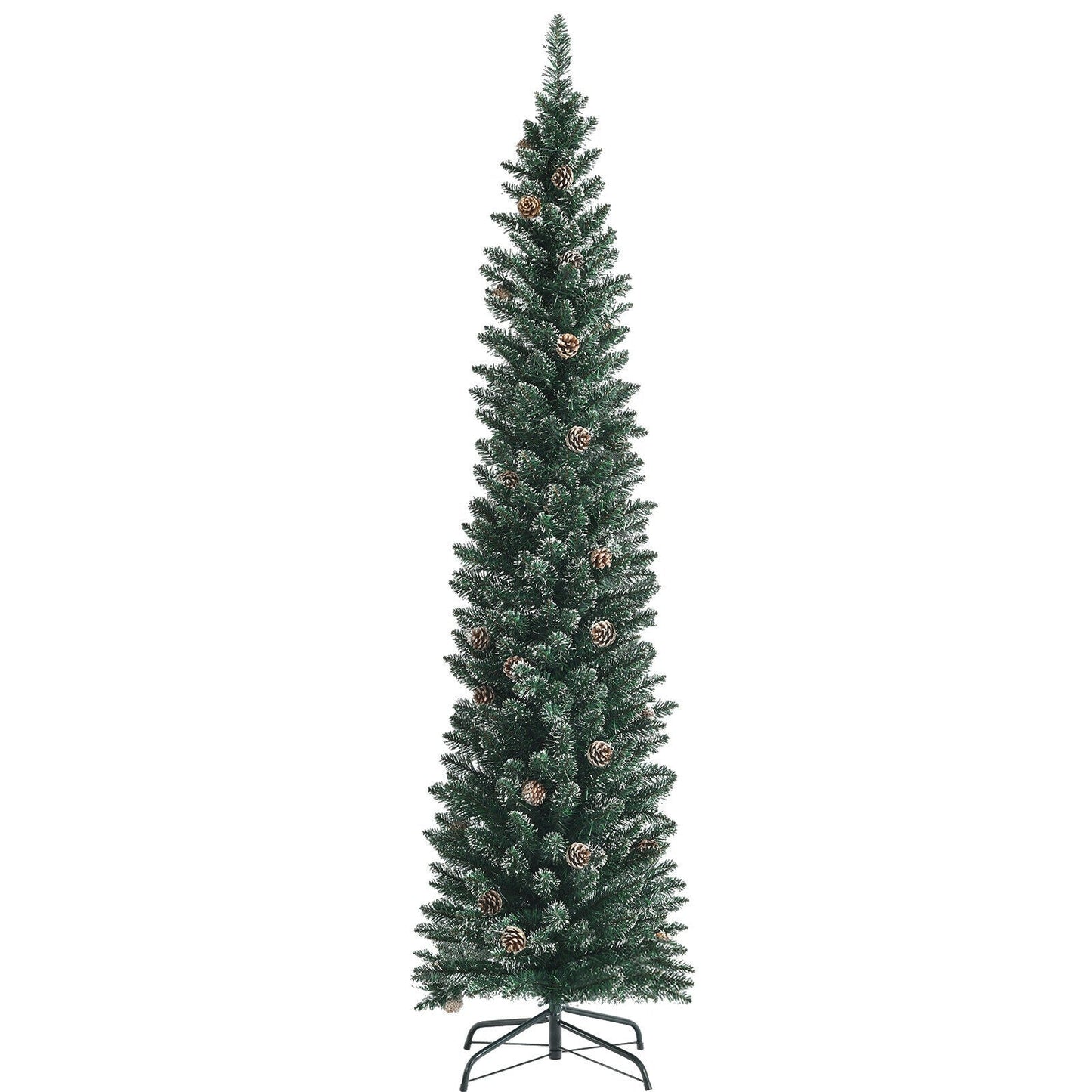 Snowy artificial pencil Christmas tree with pine cones and green needles DirectDeals on Tampa Home & Garden Store
