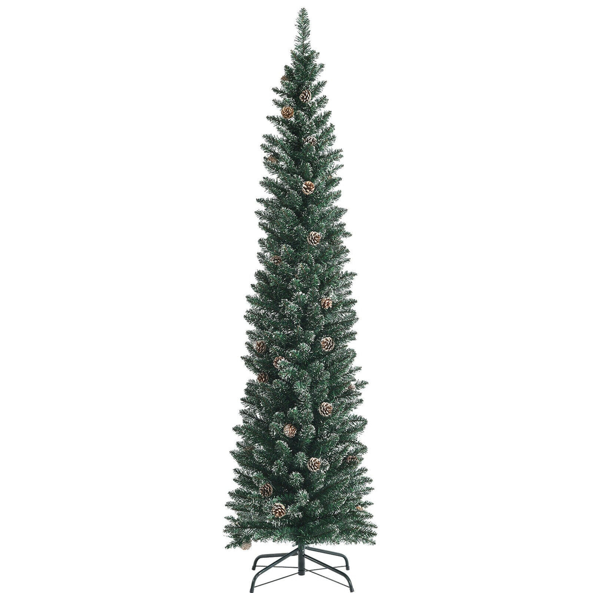 Snowy artificial pencil Christmas tree with pine cones and green needles DirectDeals on Tampa Home & Garden Store