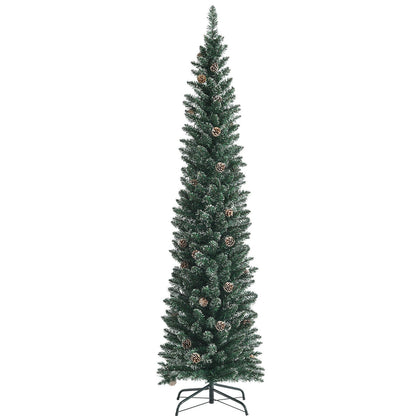 Snowy artificial pencil Christmas tree with pine cones and green needles DirectDeals on Tampa Home & Garden Store