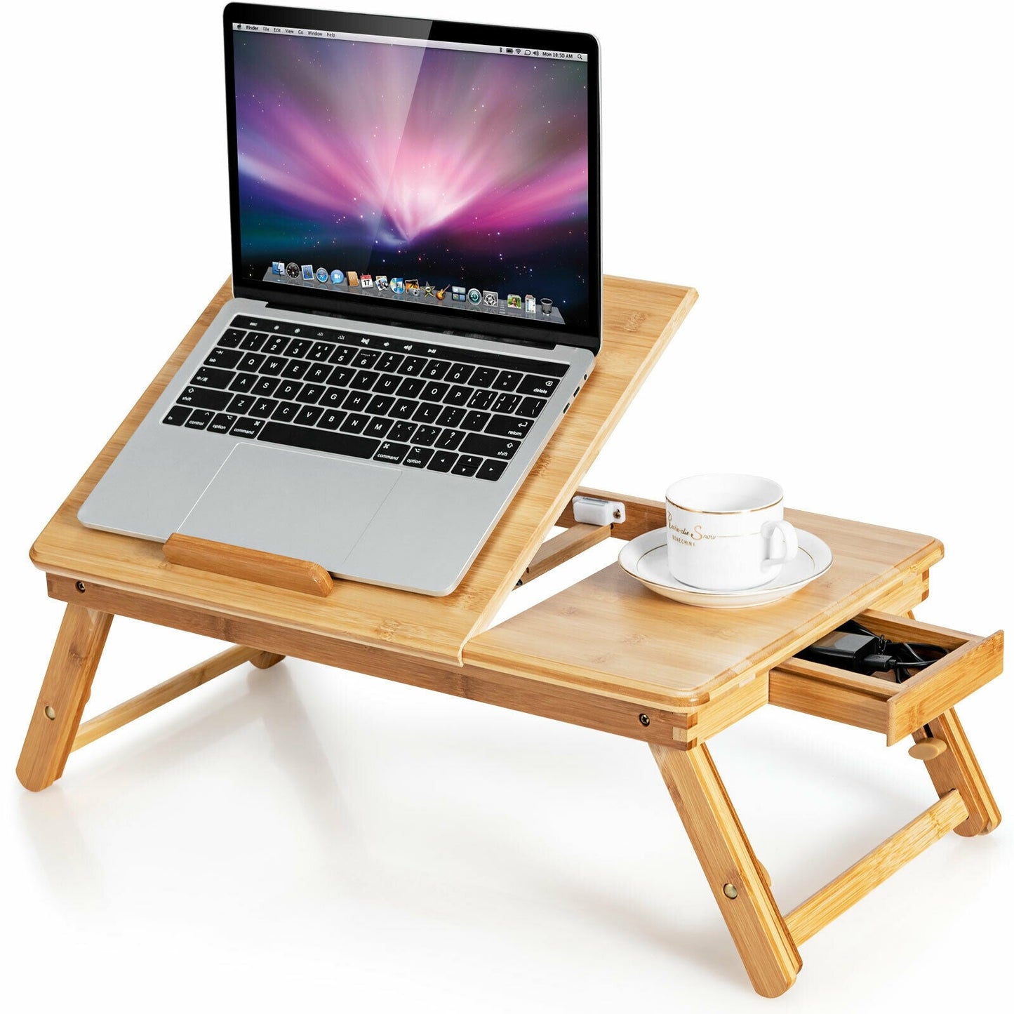 Escritorio portátil de bambú ajustable con tapa inclinable y cajón - Marrón