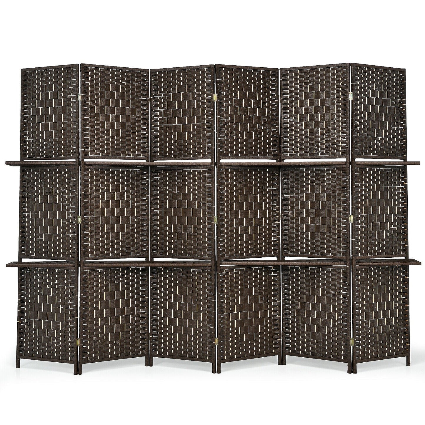 Divisor de Ambientes Plegable de Fibra con 6 Paneles y 2 Estantes de Exhibición - Marrón