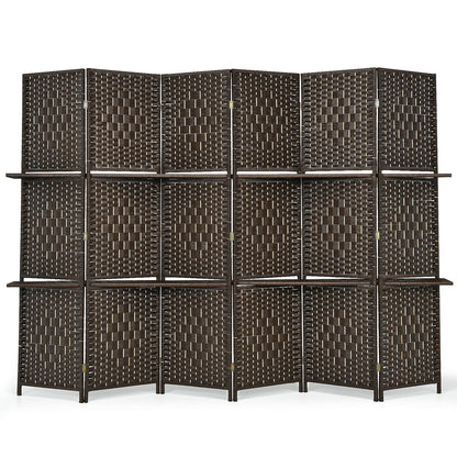 Divisor de Ambientes Plegable de Fibra con 6 Paneles y 2 Estantes de Exhibición - Marrón