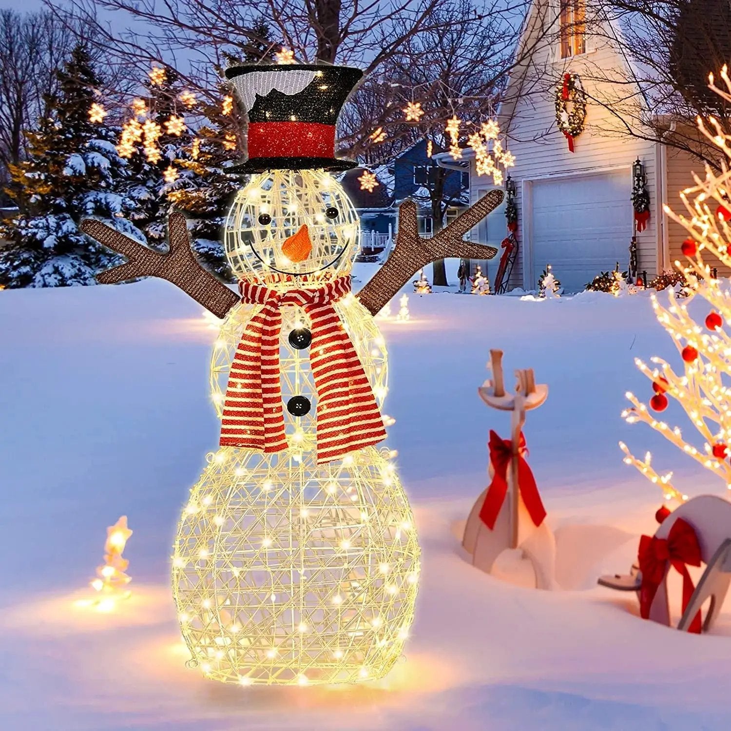 Lighted snowman decoration with red scarf and top hat, 80 LEDs on Tampa Home & Garden Store