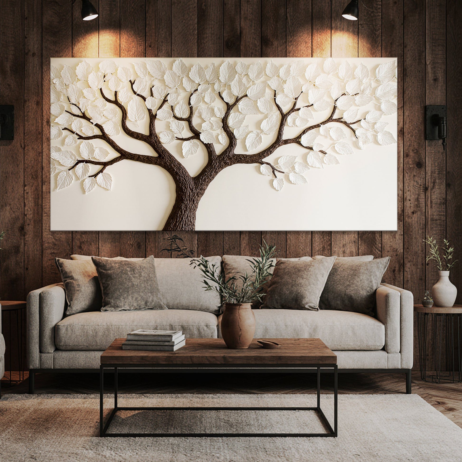 Ivory canopy tree wall art canvas with dark brown branches and white leaves on Tampa Home & Garden Store