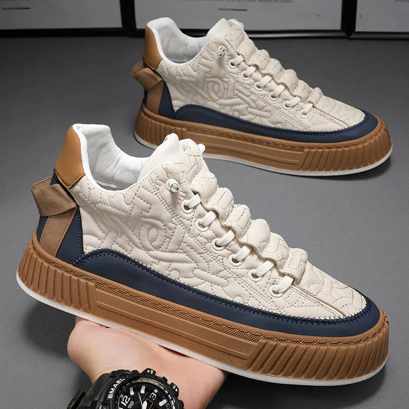 Men's Stevvex sneakers beige quilted upper, navy trim, thick tan gum sole; two sneakers shown, on Tampa Home & Garden Store