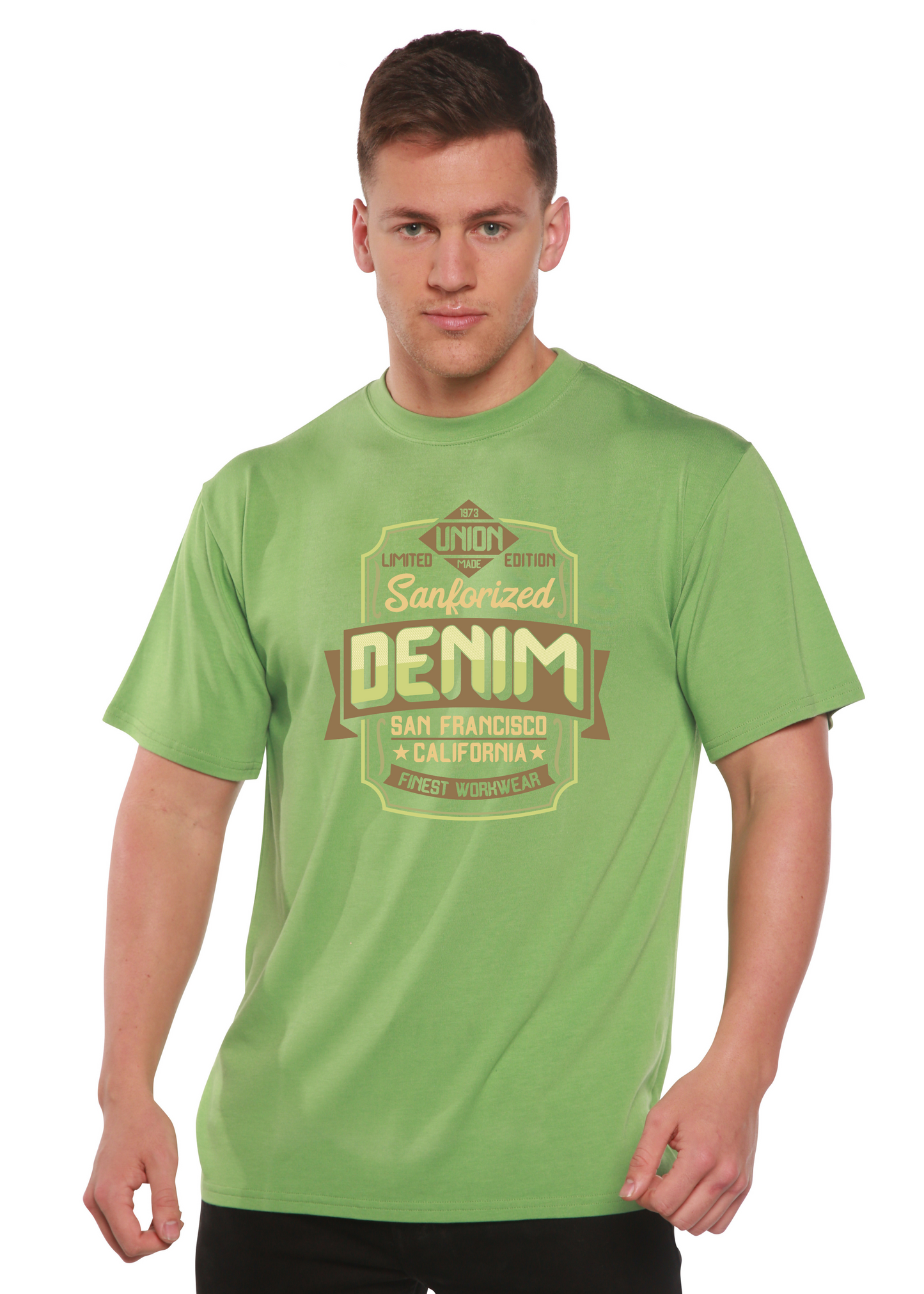 Mens lime green Sanforized Denim graphic T-shirt with bold badge bamboo viscose/organic cotton on Tampa Home & Garden Store