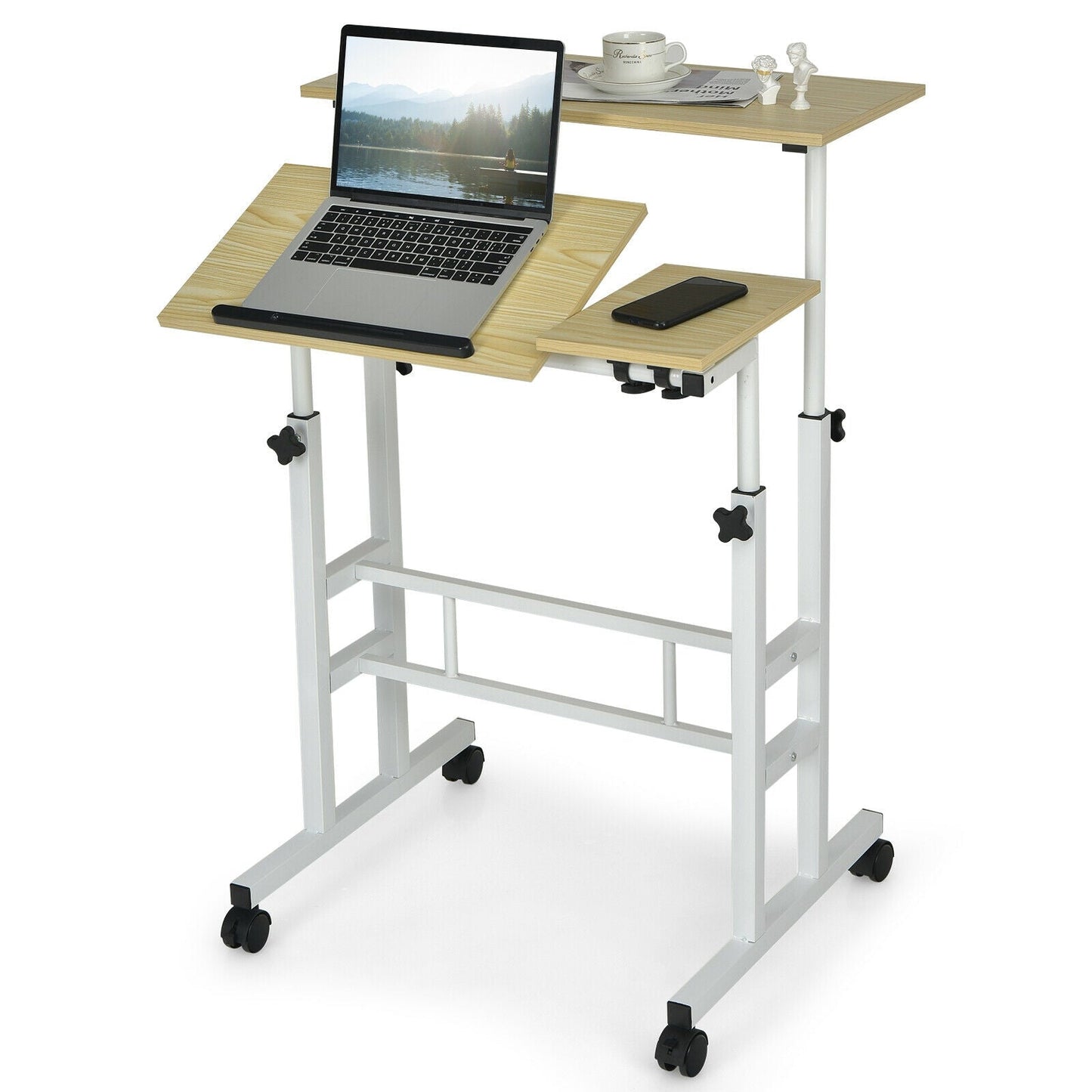 Mobile Standing up Desk Adjustable Computer Desk Tilting Workstation-Walnut