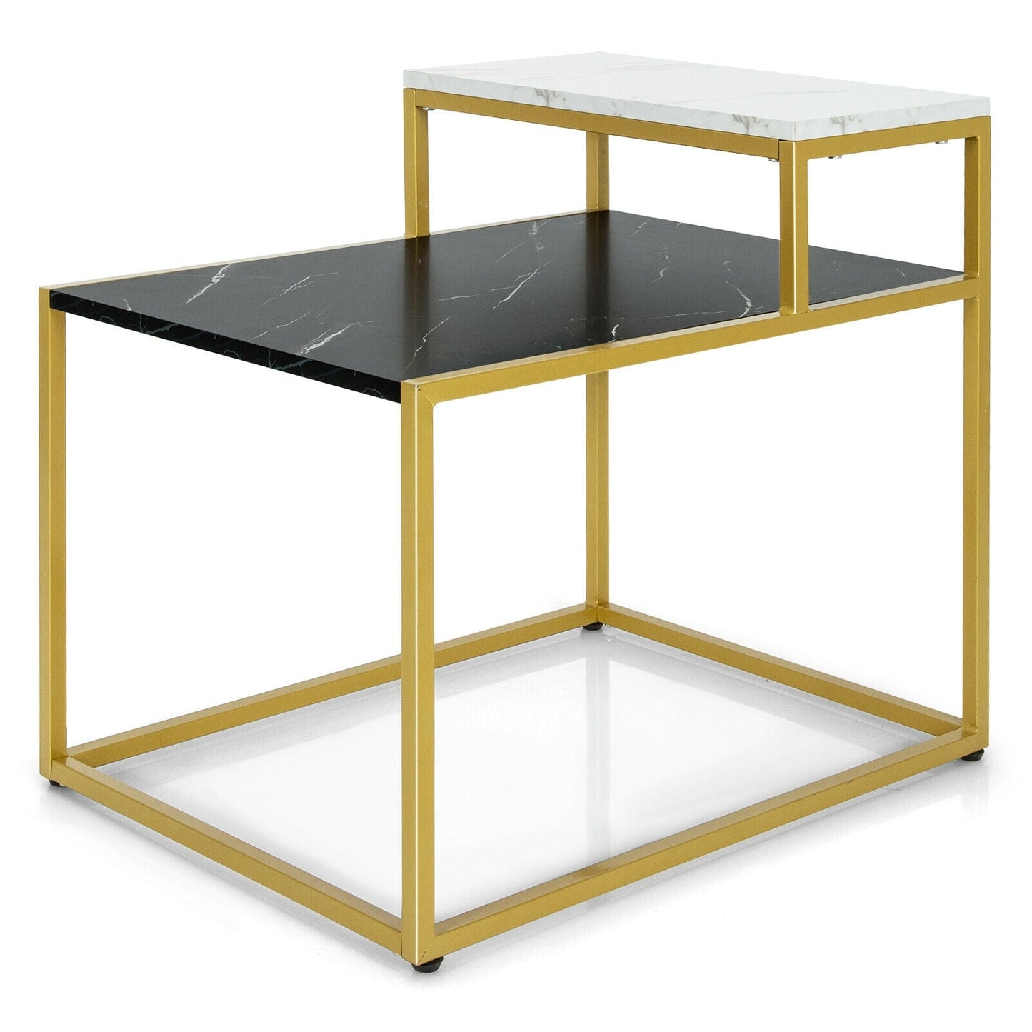Mesa Auxiliar de 2 Niveles con Marco de Metal y Estante de Almacenamiento para Sala de Estar-Blanco