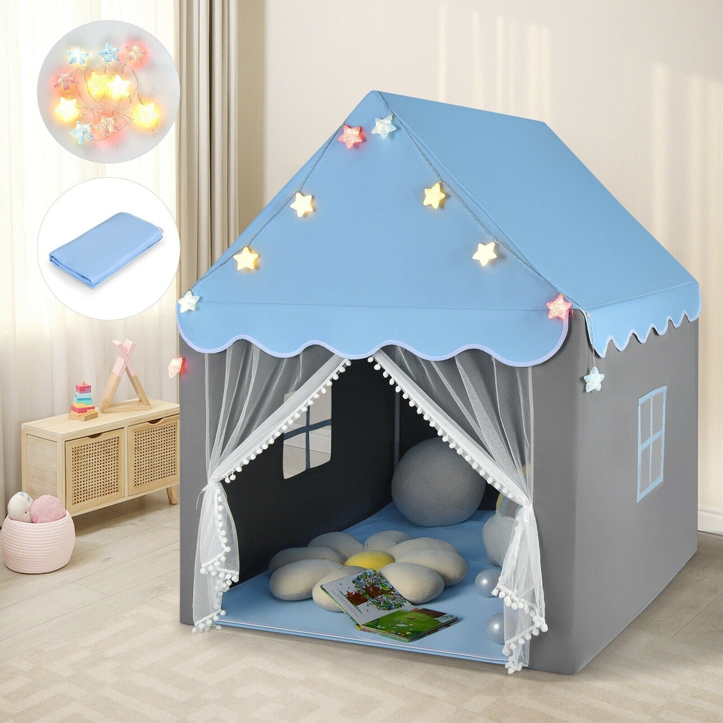 GemGear Kids Playhouse Tent in blue with star string lights and sheer mesh doorway on Tampa Home & Garden Store