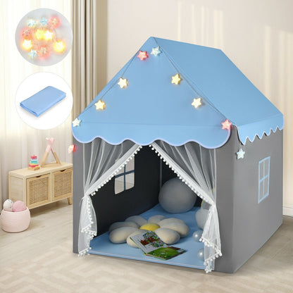 GemGear Kids Playhouse Tent in blue with star string lights and sheer mesh doorway on Tampa Home & Garden Store