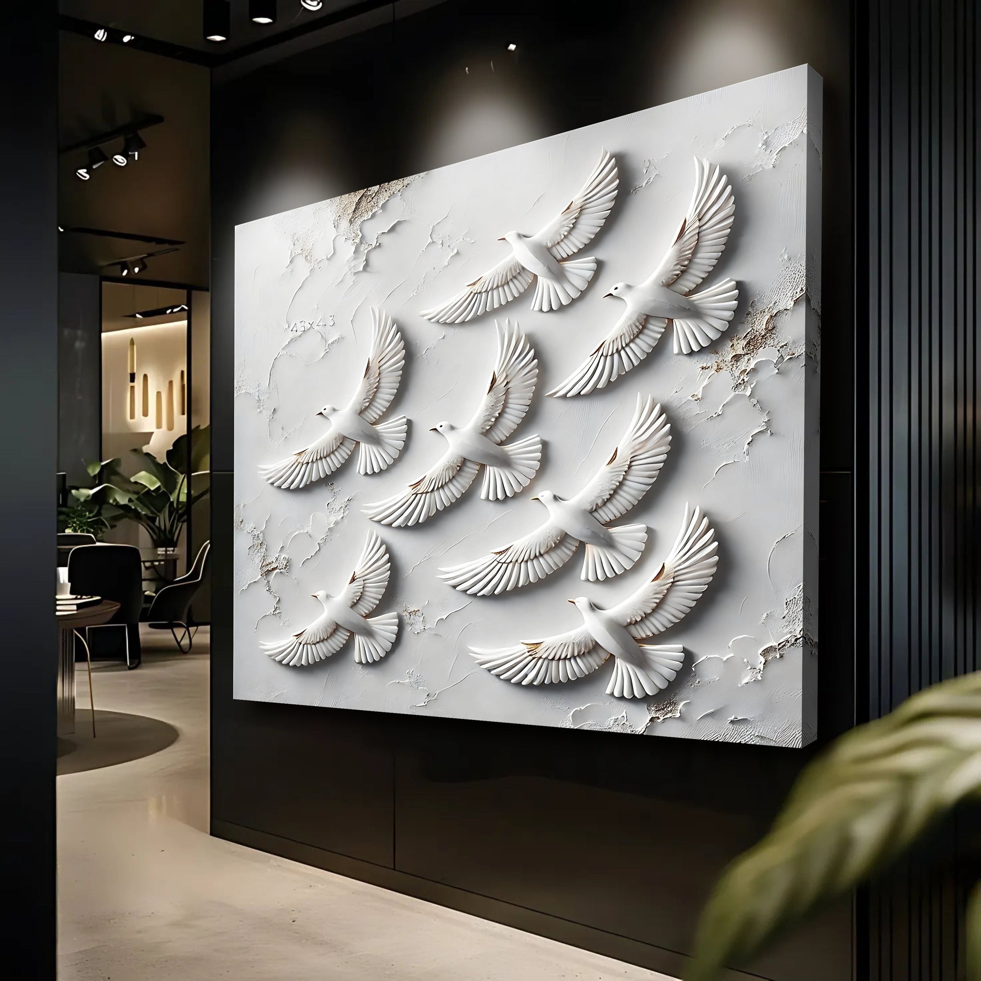 3D Birds Wall Art canvas by Tailored Canvases with white bird reliefs on textured gray backdrop on Tampa Home & Garden Store