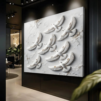 3D Birds Wall Art canvas by Tailored Canvases with white bird reliefs on textured gray backdrop on Tampa Home & Garden Store