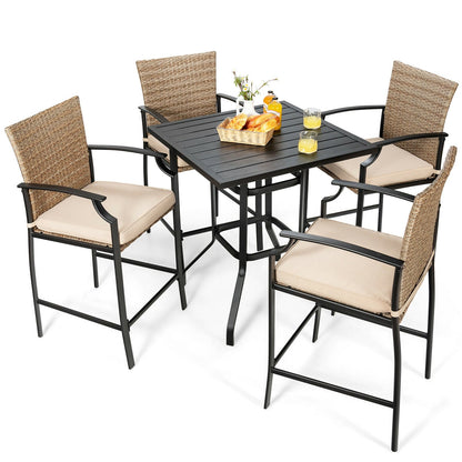 Juego de mesa de bar y taburetes de ratán para exteriores de 5 piezas con cojines