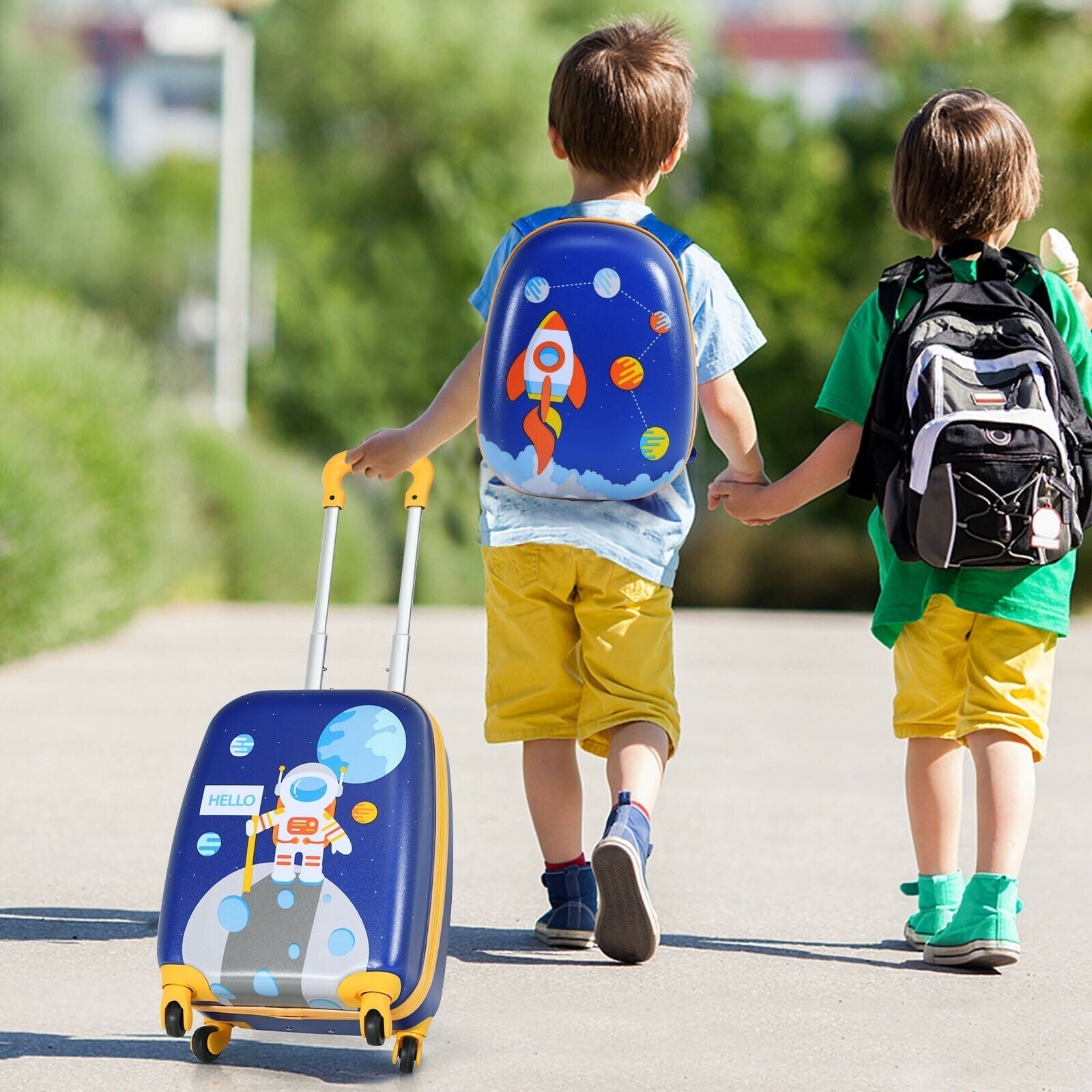 2-piece kids luggage set with space-themed blue backpack and matching rolling suitcase on Tampa Home & Garden Store