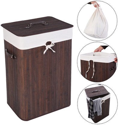 Rectangle Bamboo Hamper Laundry Basket Washing Cloth Bin Storage Bag Lid 3 color-Black