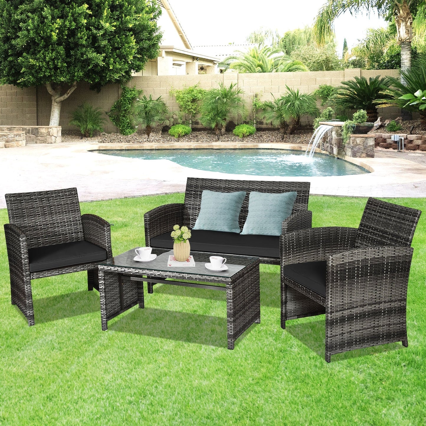 Juego de muebles de patio de ratán de 4 piezas con mesa de vidrio y sofá biplaza - Negro