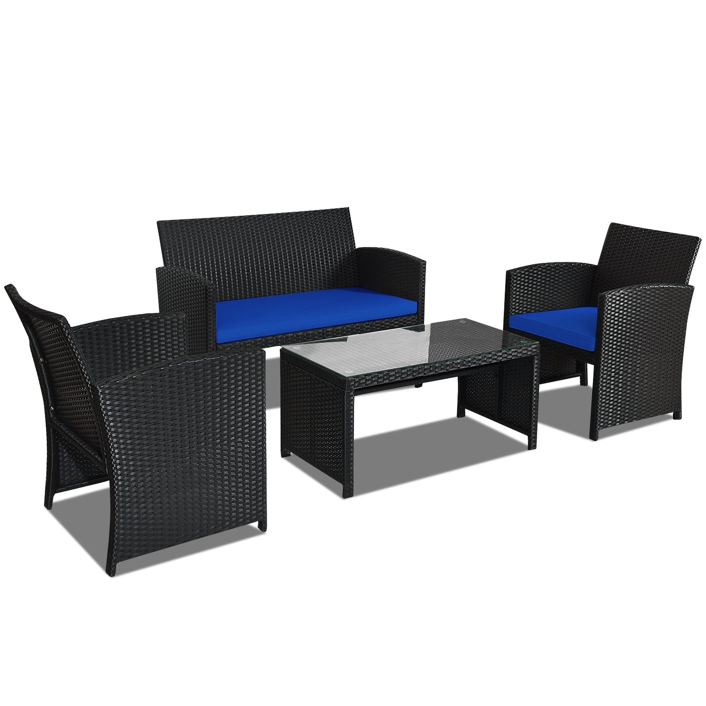 Juego de Muebles de Patio de Ratán de 4 Piezas con Cojines Resistentes al Clima y Mesa con Cubierta de Vidrio Templado-Azul Marino