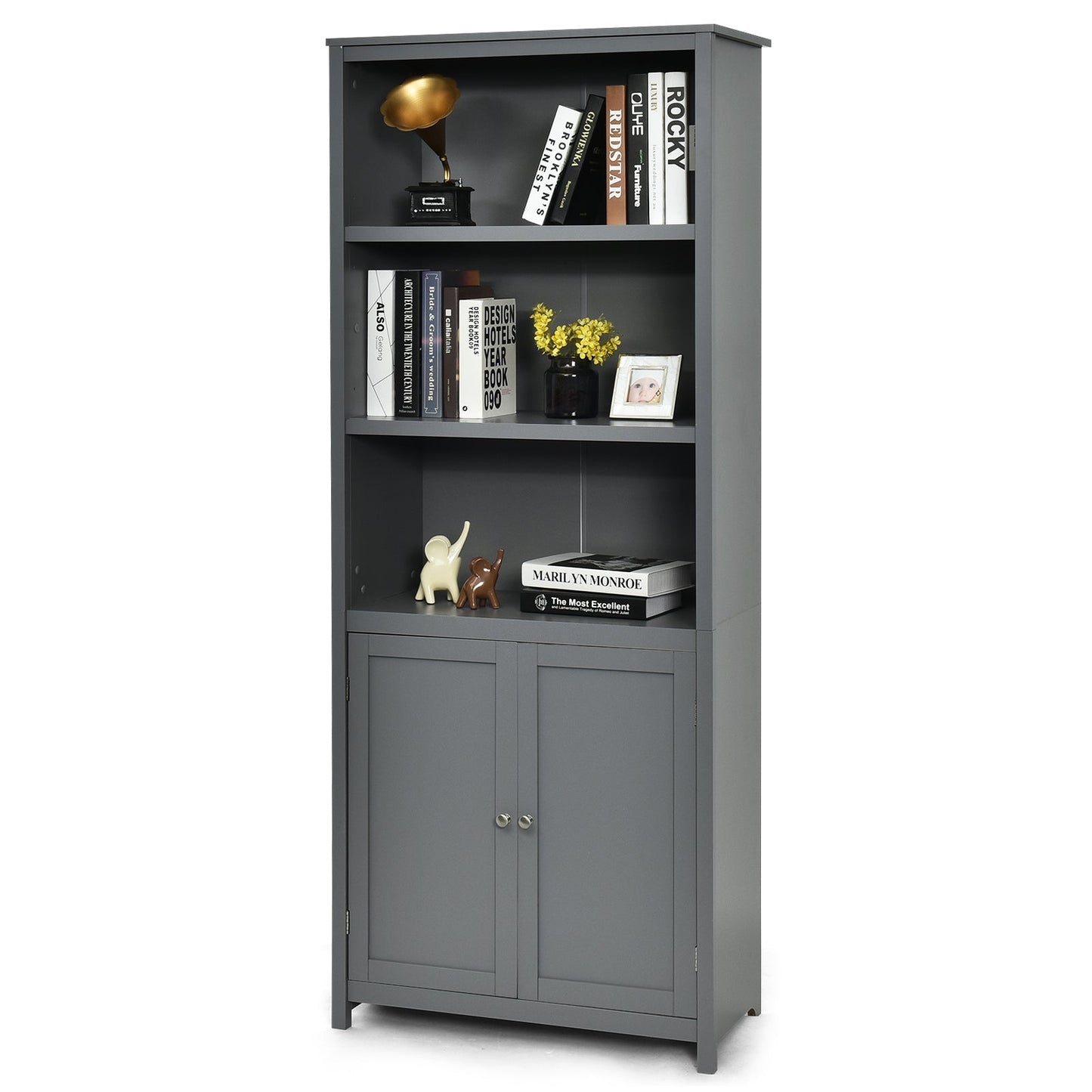 Estantería Librería Almacenamiento Mueble de Madera Unidad Exhibición con Puertas-Gris