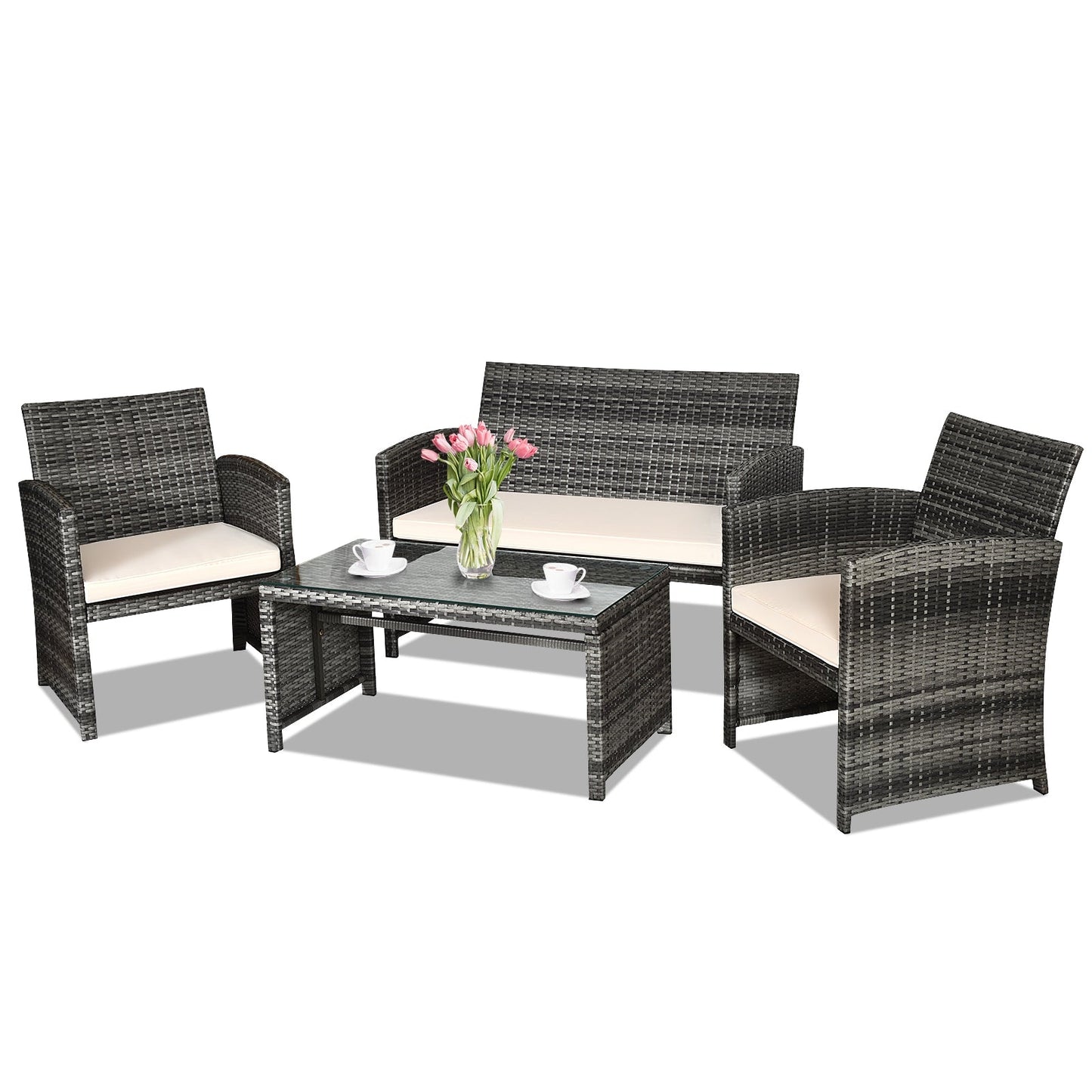 Juego de muebles de patio de ratán de 4 piezas con mesa de vidrio y sofá biplaza - Negro