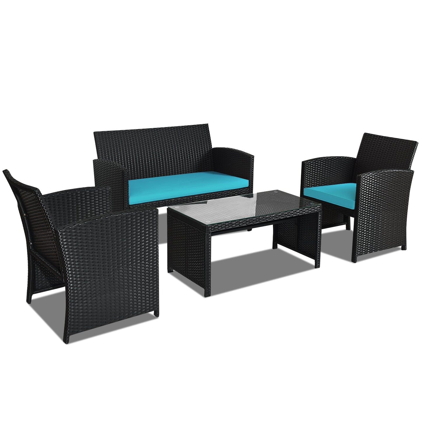 Juego de Muebles de Patio de Ratán de 4 Piezas con Cojines Resistentes al Clima y Mesa con Cubierta de Vidrio Templado-Azul Marino