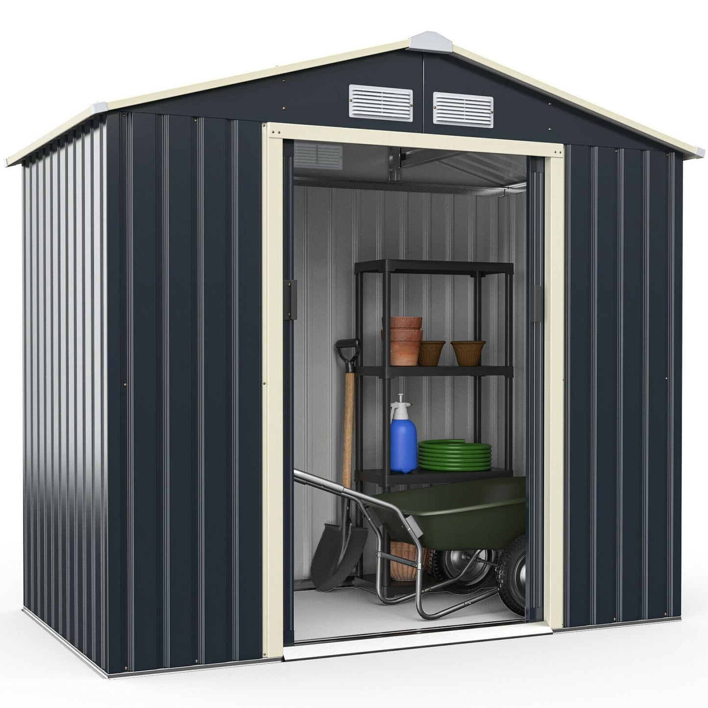 Caseta de Almacenamiento Metálica de 7 Pies x 4 Pies con Puertas Correderas Dobles con Cerradura - Gris