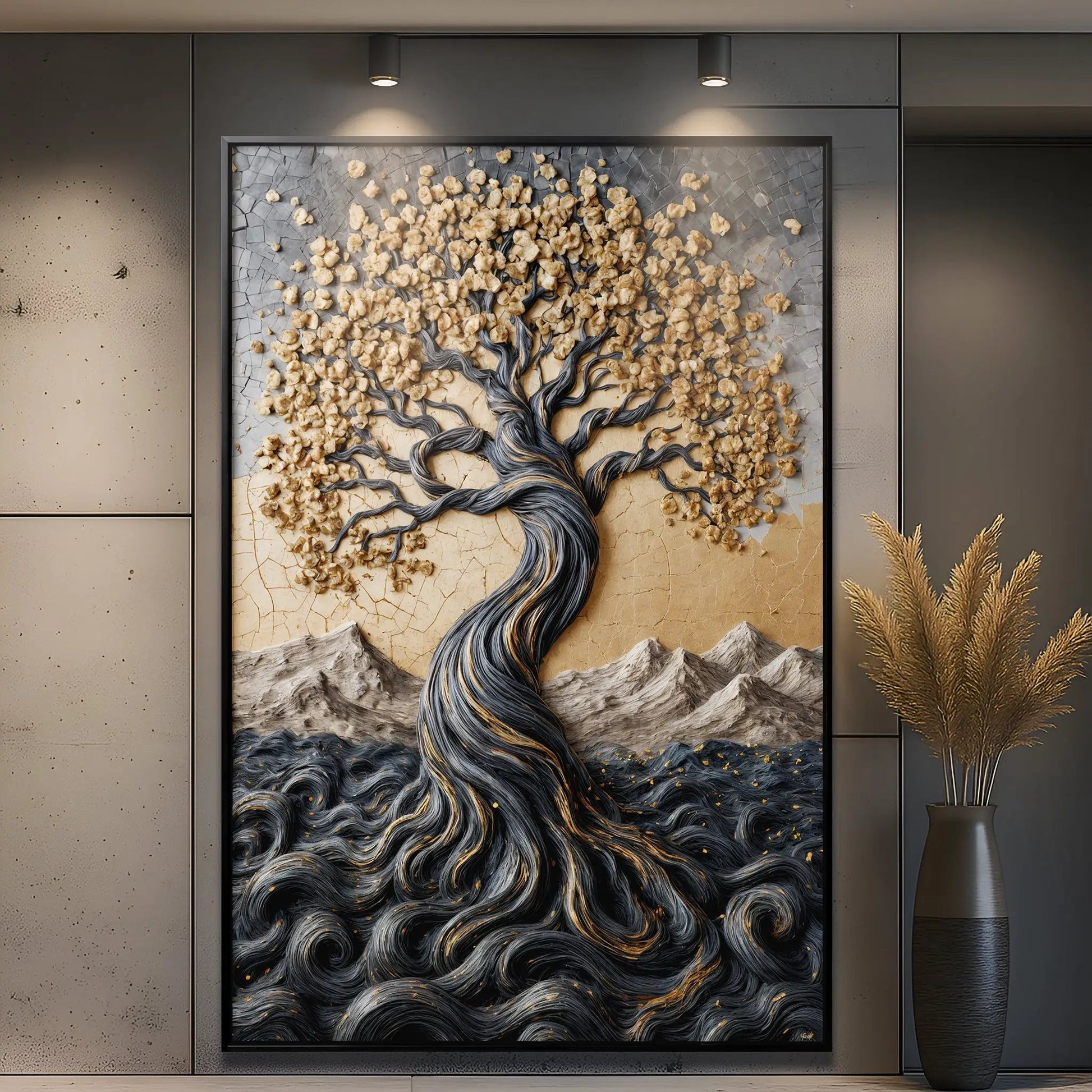 Golden Tree of Life canvas wall art by Tailored Canvases with dark trunk and gold leaves on Tampa Home & Garden Store