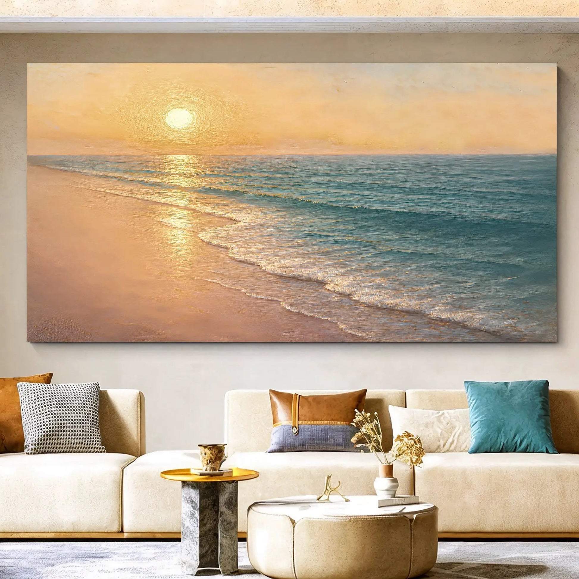 Beach Shoreline Coastal Wall Art IV canvas with a golden sunset over a calm ocean on Tampa Home & Garden Store
