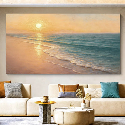 Beach Shoreline Coastal Wall Art IV canvas with a golden sunset over a calm ocean on Tampa Home & Garden Store