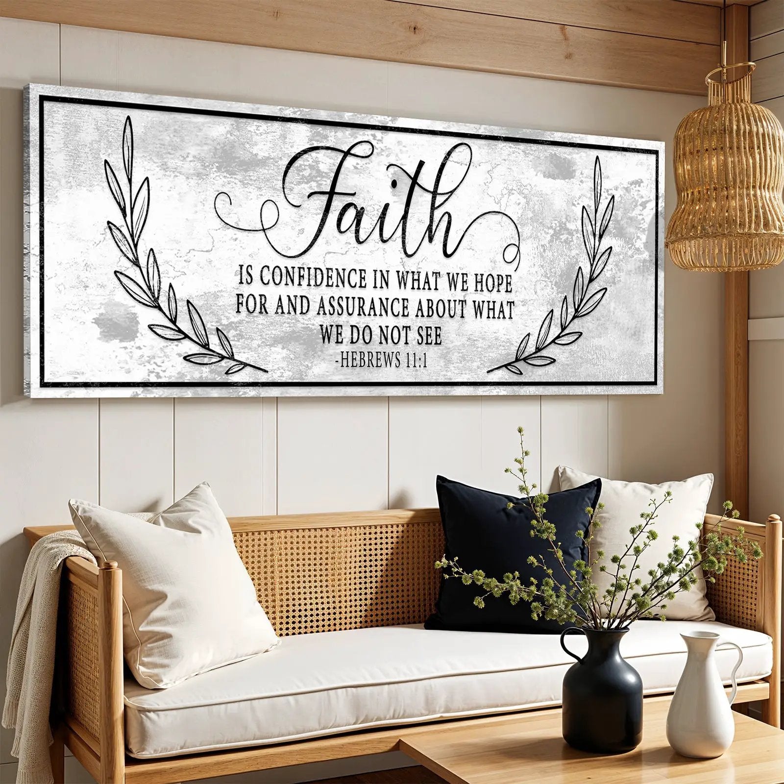Faith Is Confidence Faith Sign II canvas with gray backdrop and black script laurel accents on Tampa Home & Garden Store