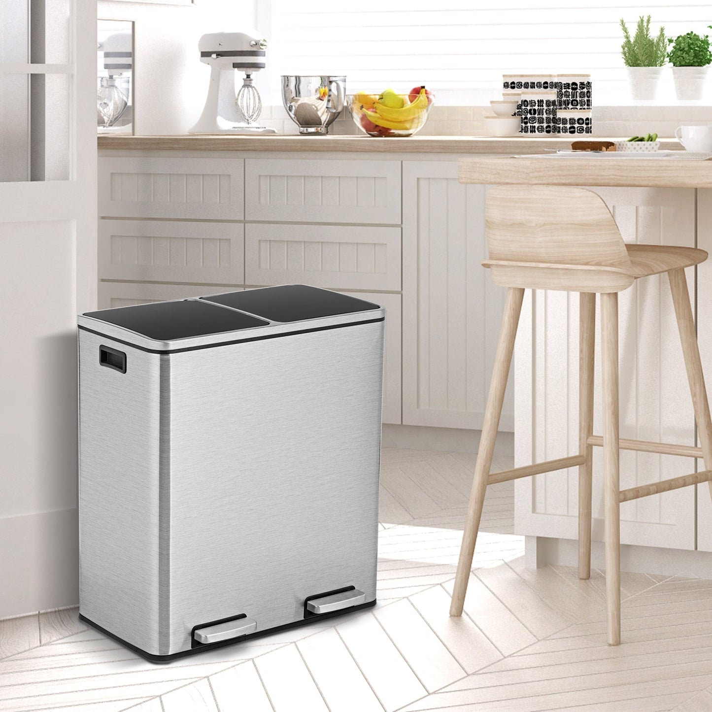 Cubo de basura doble de 60 litros para reciclaje con pedal - Plateado