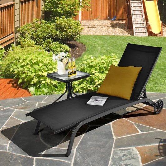 6-Poisition Adjustable Outdoor Chaise Recliner with Wheels-Black - Tampa Home & Garden Store