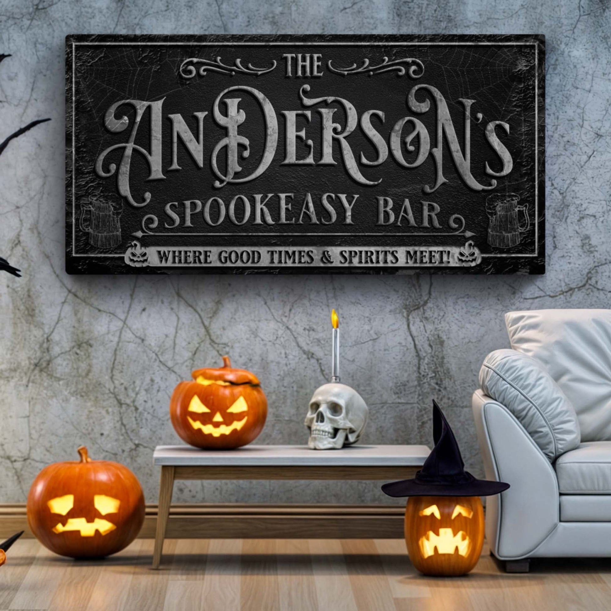 Personalized Spookeasy Bar Sign canvas wall art with Gothic lettering and pumpkin skull accents on Tampa Home & Garden Store