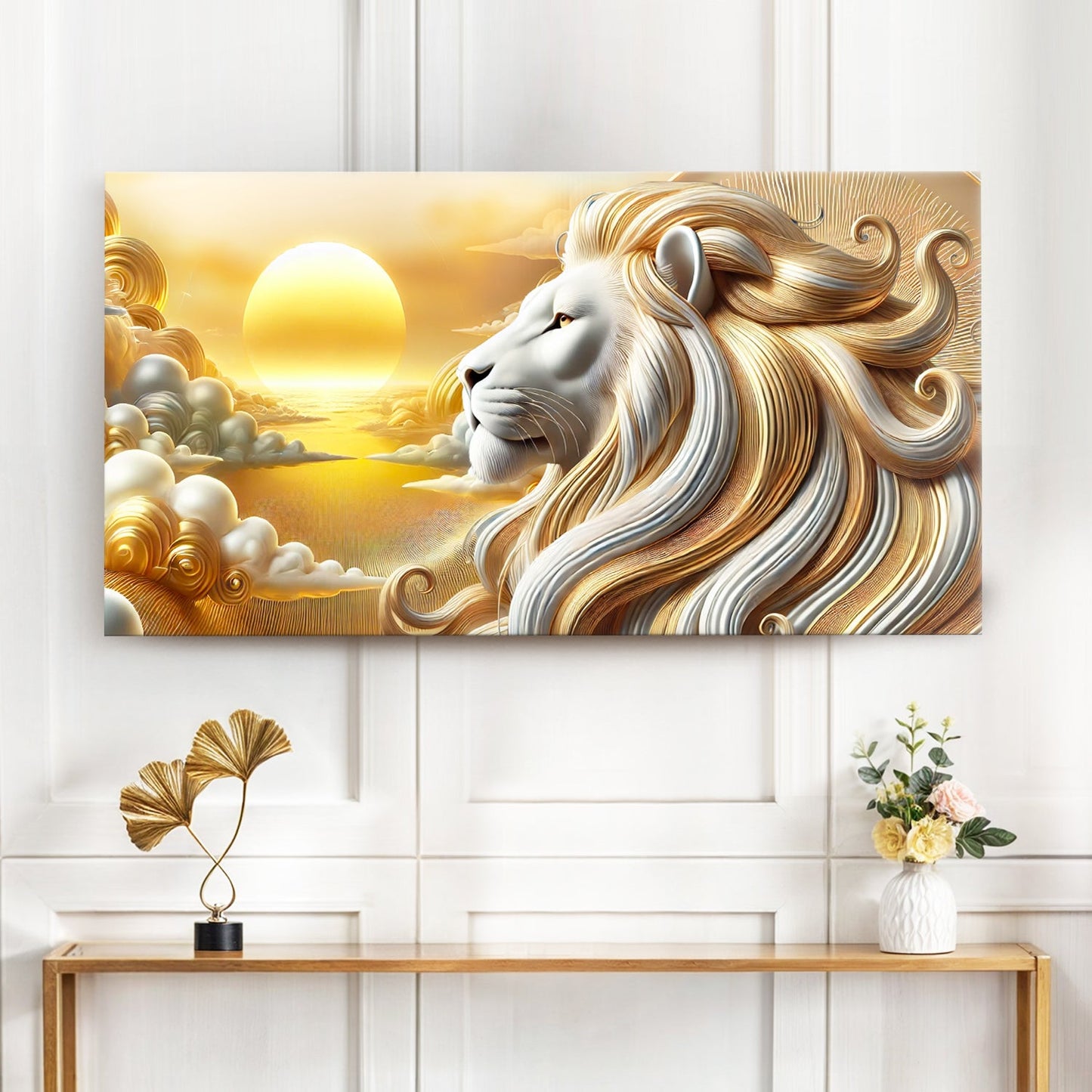 3D Majestic Lion Wall Art V canvas by Tailored Canvases; lion with golden mane against sun on Tampa Home & Garden Store