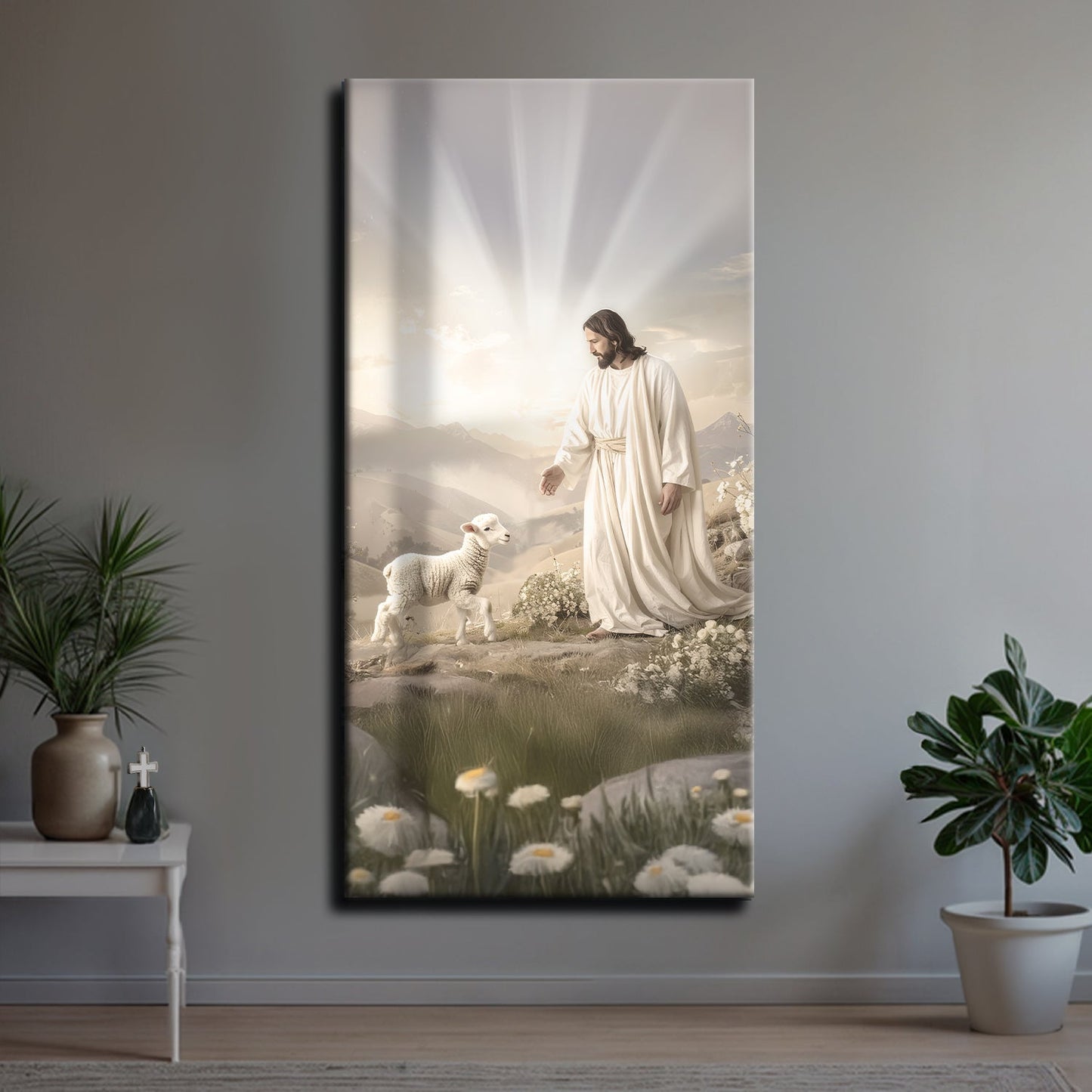 Jesus Protects The Lamb From Wolves Faith Wall Art canvas Tailored Canvases cream-toned on Tampa Home & Garden Store