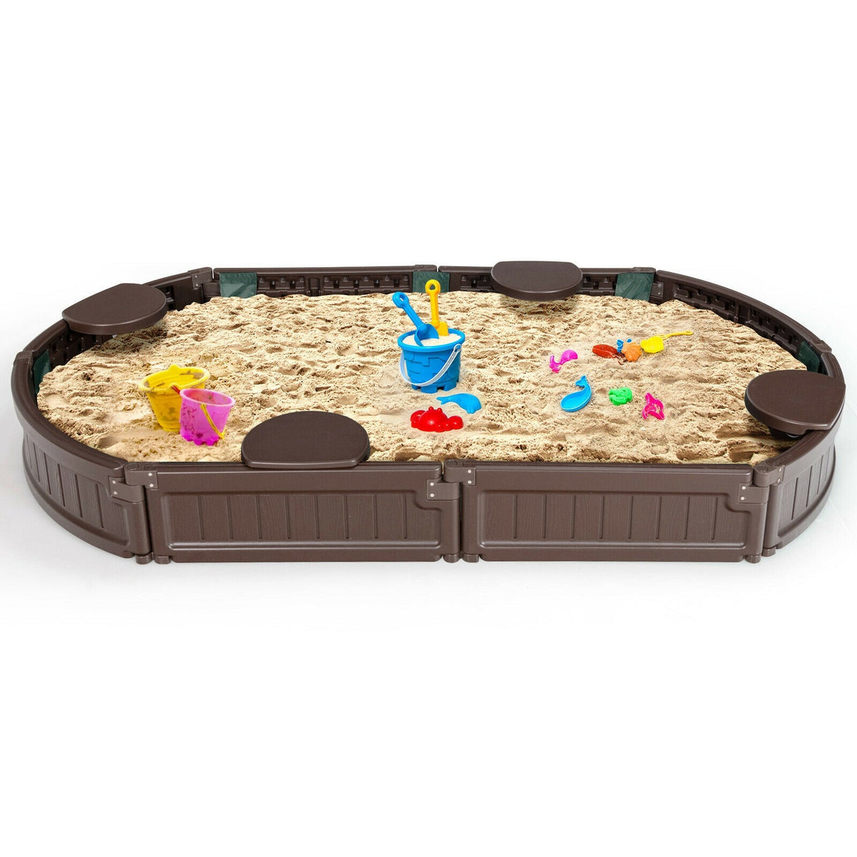 Sandbox with built-in corner seat and bottom liner, brown plastic sandbox by DirectDeals on Tampa Home & Garden Store