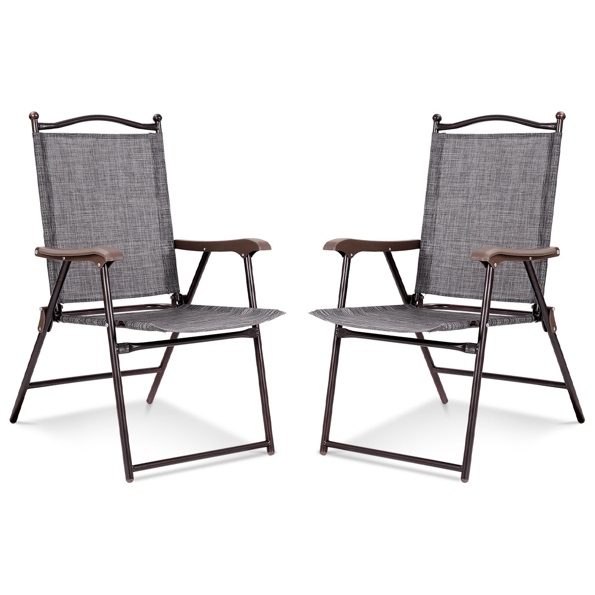 GemGear Set of 2 folding sling back camping deck chairs with brown armrests and grey fabric on Tampa Home & Garden Store