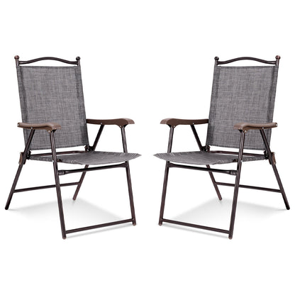 GemGear Set of 2 folding sling back camping deck chairs with brown armrests and grey fabric on Tampa Home & Garden Store
