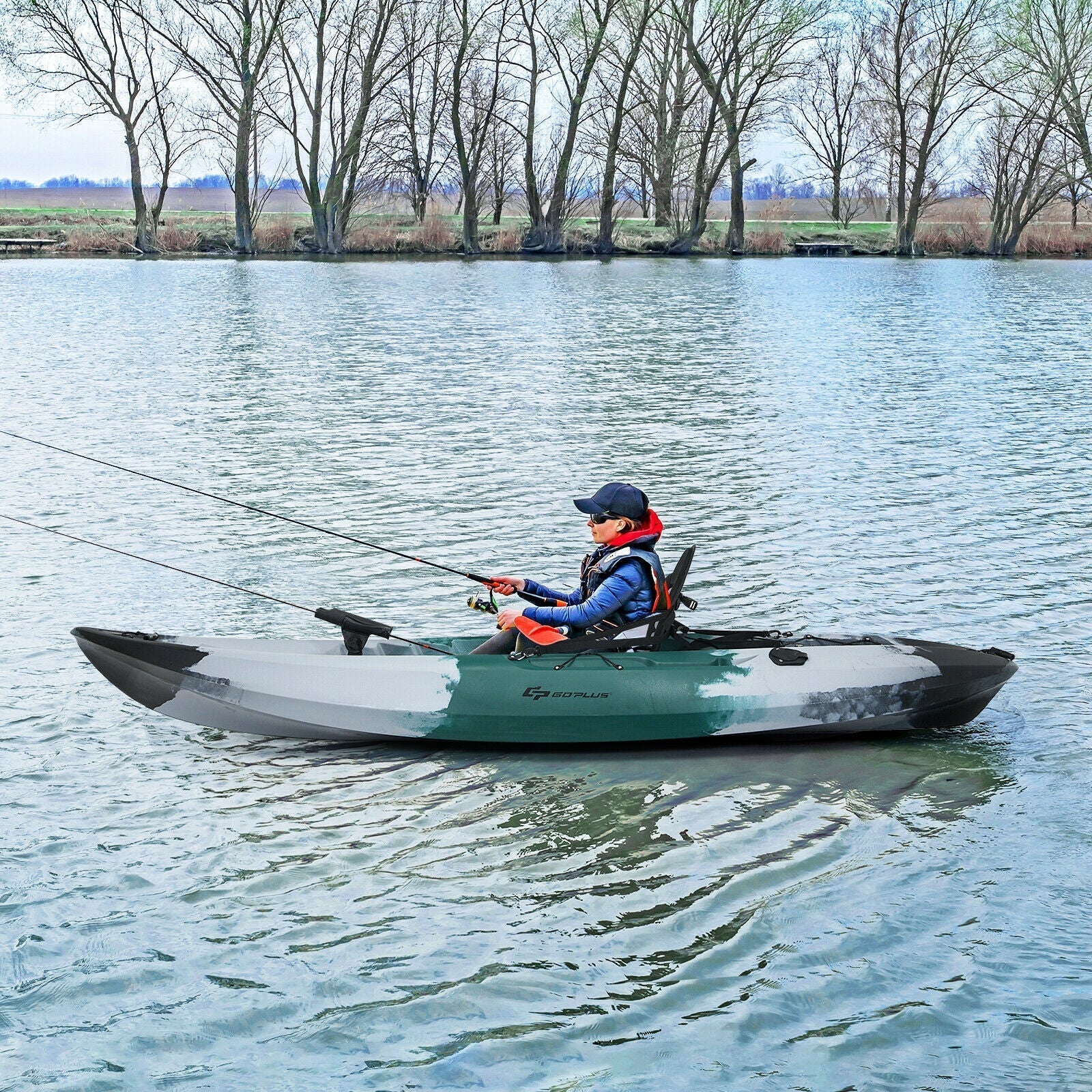 GemGear 1-person sit-on-top fishing kayak with rod holders and paddle, gray-green hull on Tampa Home & Garden Store