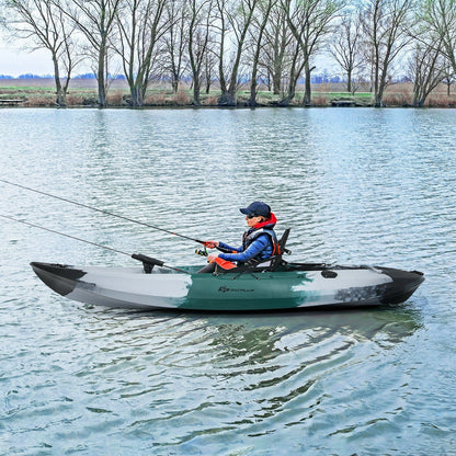 GemGear 1-person sit-on-top fishing kayak with rod holders and paddle, gray-green hull on Tampa Home & Garden Store